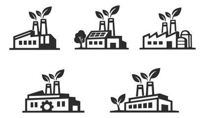 Fototapeta premium Eco friendly factory icon set featuring smoke stacks emitting leaves, solar panels, trees and gears for sustainable industry concepts