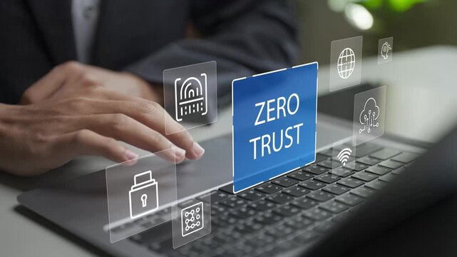 Zero trust security concept with continuous verification, access control and network protection. Cybersecurity strategy ensuring secure systems, data privacy and risk reduction.