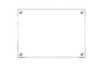 Empty transparent glass frame with silver fasteners, acrylic blank plate for advertising signs and messages