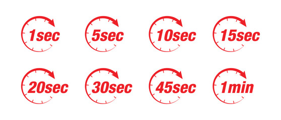 Second Circular Timer Icons Set . Red Countdown Time Indicator Labels.