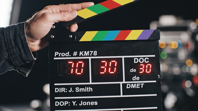 Film clapperboard in hand