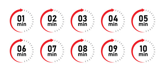 Minutes Circular Timer Icons Set . Red Countdown Time Indicator Labels.