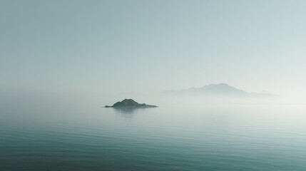 Misty Sea with Islet and Distant Mountains