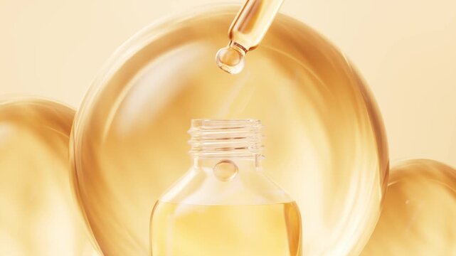 Essential oil dripping into bottle, slow motion footage of golden liquid dropping from dropper into skincare serum container, vitamin e for healthy skin