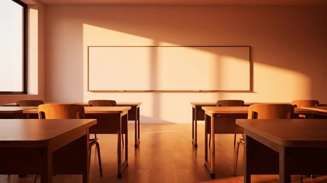 Sunlit classroom with empty desks and chairs facing a whiteboard