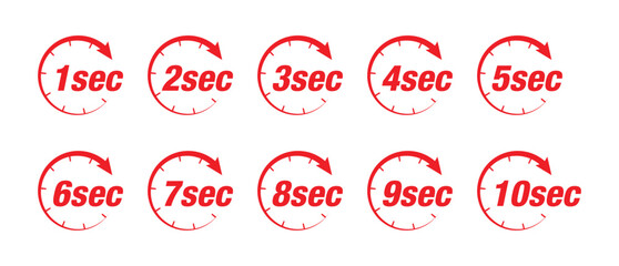 Second Circular Timer Icons Set . Red Countdown Time Indicator Labels.