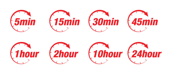 Hour & Minutes Circular Timer Icons Set . Red Countdown Time Indicator Labels.