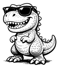 Fototapeta premium Hand drawn line art illustration of a cartoon dinosaur depicting a cool smile in sunglasses for summer themes