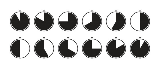 Stopwatch Progress Timer Icons Set. Circular Countdown & Time Progress Indicators.