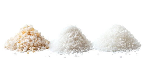 Three piles of salt with different textures and colors, ideal for culinary or commercial use