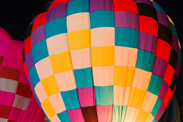 colorful hot air balloons glowing against dark night sky