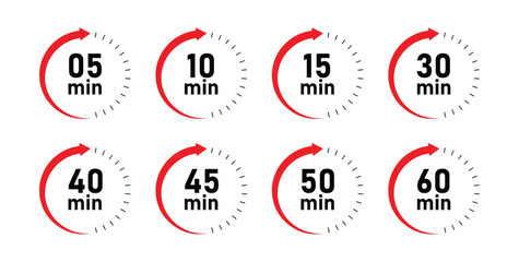 Minutes Circular Timer Icons Set . Red Countdown Time Indicator Labels.