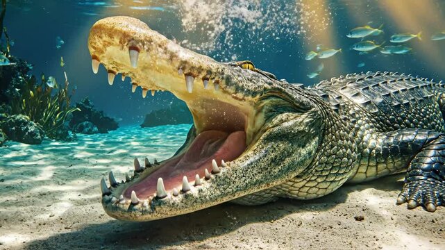 Underwater crocodile with open mouth