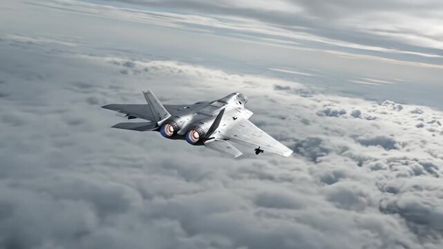 Stealth fighter jet flying in clouds