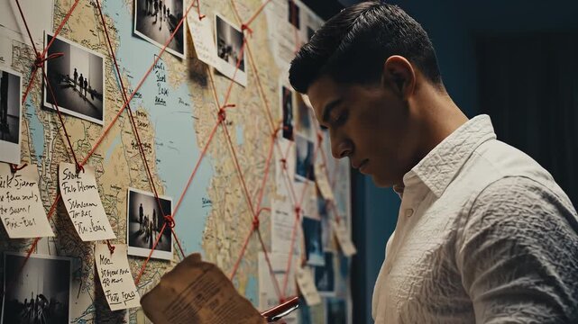 Man analyzing map with photos and notes