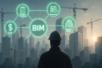 Architectural Blueprint and Cityscape: A construction worker, surveying a modern skyline, embodies innovation in the built environment.