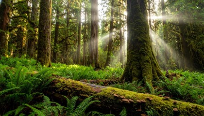 Fototapeta premium Sunlight filtering through a lush, green forest with ferns and moss-covered trees, creating a serene and mystical atmosphere.