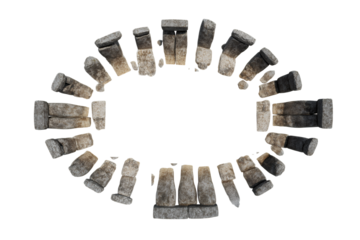 Ancient stone tools arranged in a circle, evoking a sense of history and discovery