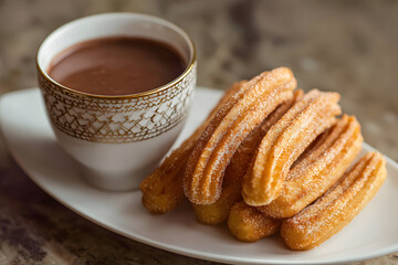 a plate of churros and a cup of coffee