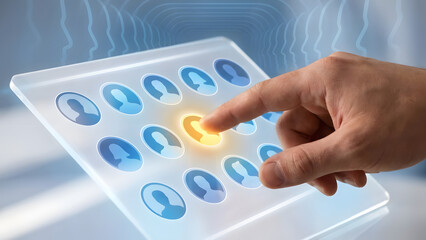 Human hand selects glowing profile icon on futuristic digital screen with blue user avatars and network background