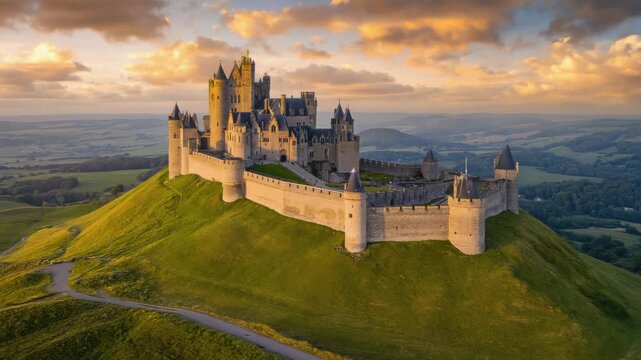 Majestic Castle on Green Hills at Sunset