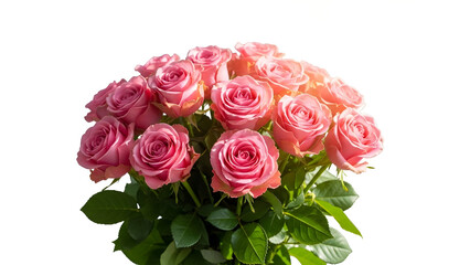Obraz premium A lush bouquet of pink roses with vibrant green leaves stands against a bright white background a beautiful display of natural beauty
