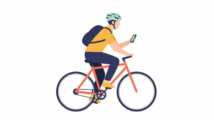 An illustrated male cyclist wearing a helmet and backpack rides a bicycle, looking at his smartphone.