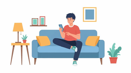 A young man sits comfortably on a blue sofa, engrossed in his smartphone, surrounded by modern home decor.