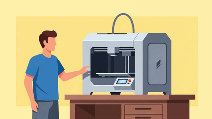 A man operating a modern 3D printer on a wooden desk, illustrating additive manufacturing technology.