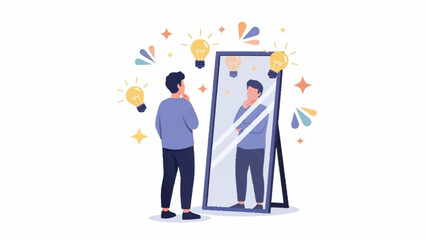 An illustrated man stands before a mirror, contemplating his reflection amidst a burst of glowing lightbulb ideas and inspiration.