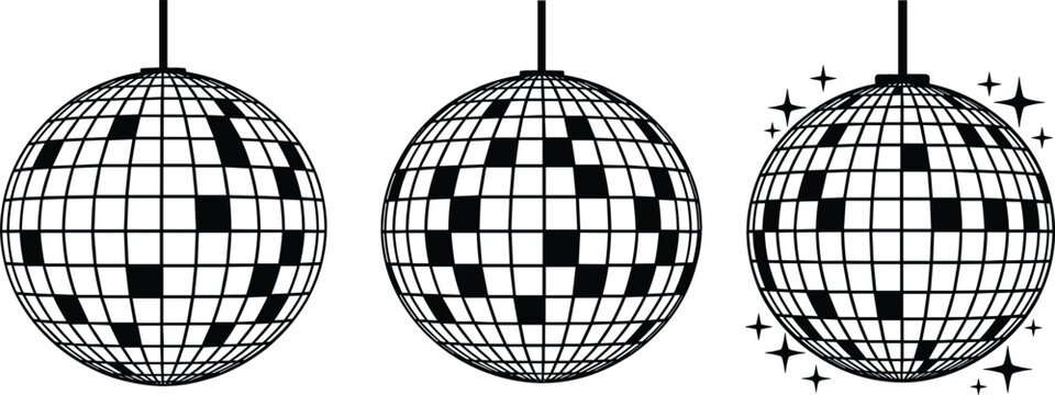 Set of shimmering disco ball icons with mirror tile patterns and sparkling stars for night club party celebrations