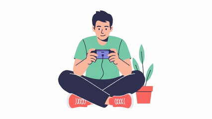 A young man sitting cross-legged on the floor, engrossed in playing a mobile game on his smartphone, with a small potted plant beside him.