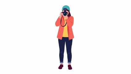 Illustration of a young woman in casual attire holding a camera and taking a picture.