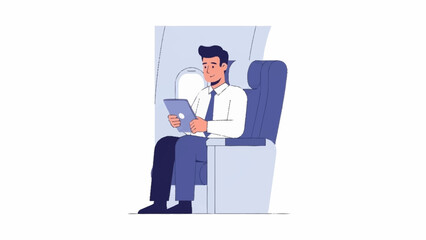 A professional man sits comfortably in an airplane seat, focused on his digital tablet during a flight.