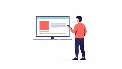 A man interacts with a large screen displaying web content using a smartphone or remote control, illustrating digital interaction.