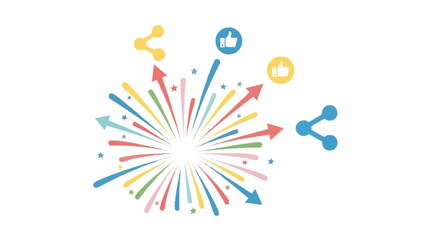 Vibrant illustration of a central burst with colorful arrows and social media share and like icons, symbolizing digital engagement and widespread communication.