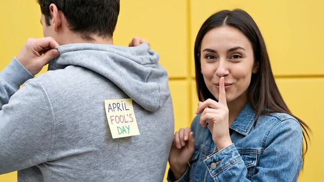 Mischievous young woman sticking April Fools Day prank note on boyfriend back against yellow wall