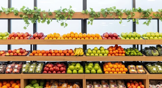 Abundant fresh fruit displayed on wooden shelves in a vibrant grocery store produce section
