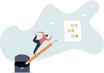 man holding pencil thinking about experience and giving rating on questionnaire with happy, neutral and angry faces..life and employment of people.