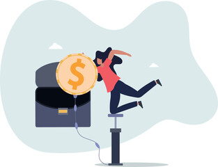 Businesswoman pumps a coin with a pump. Income increase concept.