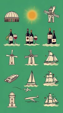 Pixel Art Travel Icons With Sun And Wind Swirl Background