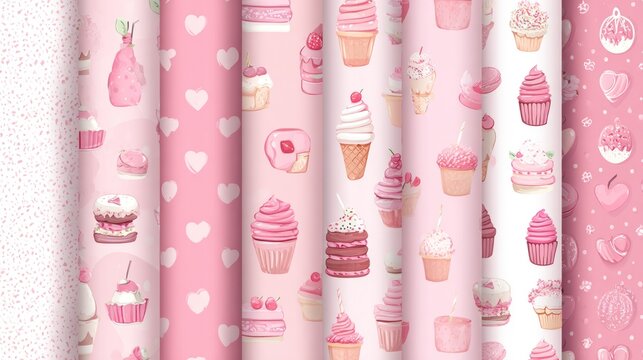 Sweet treats and heart patterns a collection of pink watercolor designs