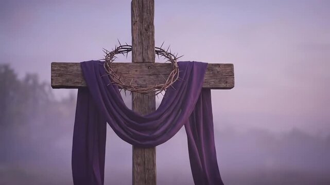 Wooden Cross with Crown of Thorns and Purple Cloth Draped for Good Friday and Easter Sunrise