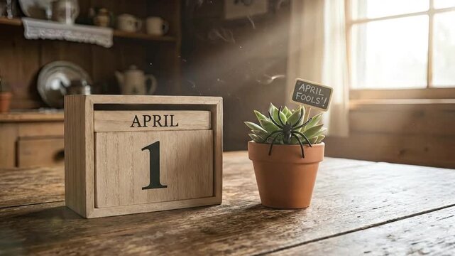 April Fools Day concept with wooden calendar set to April 1 and fake spider prank on potted plant in sunlight