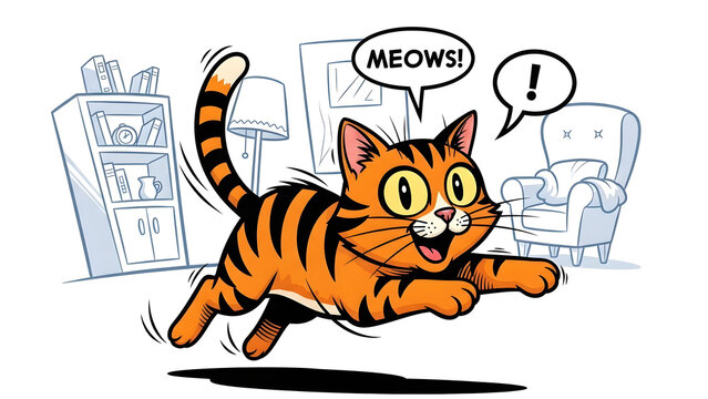A vibrant ginger tabby cat leaping through the air inside a living room with a speech bubble