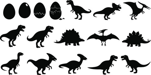 Collection of dinosaur silhouettes showing eggs to prehistoric creatures, black vector icons set for kids education, games, logos, prints, and creative design