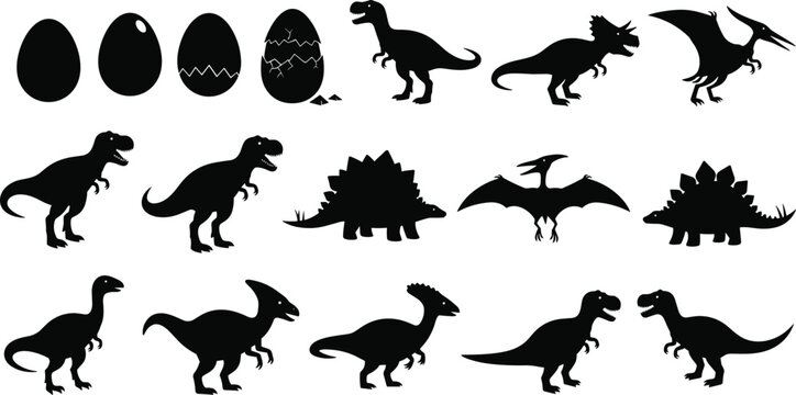 Collection of dinosaur silhouettes showing eggs to prehistoric creatures, black vector icons set for kids education, games, logos, prints, and creative design - Powered by Adobe
