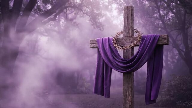 Wooden Cross with Crown of Thorns and Purple Cloth in Misty Forest for Lent and Easter