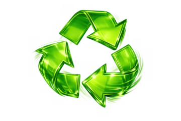 Green glossy recycling symbol forming a circular arrow loop, representing ecological sustainability, environmental protection, reuse, and conservation