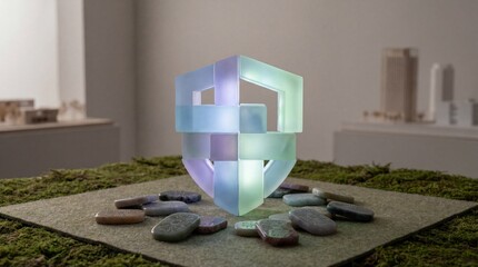 A futuristic shield icon surrounded by stones on a grassy platform in a minimalist indoor setting viewed from the front